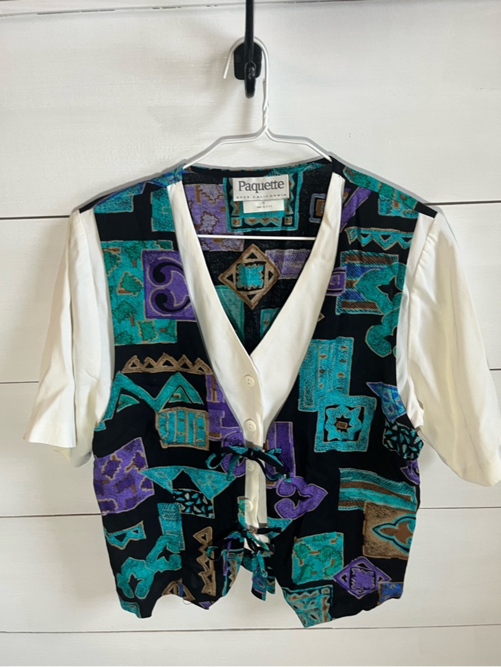 Paquette Geometric Print Tie-Front Vest with Cream Blouse - Vintage